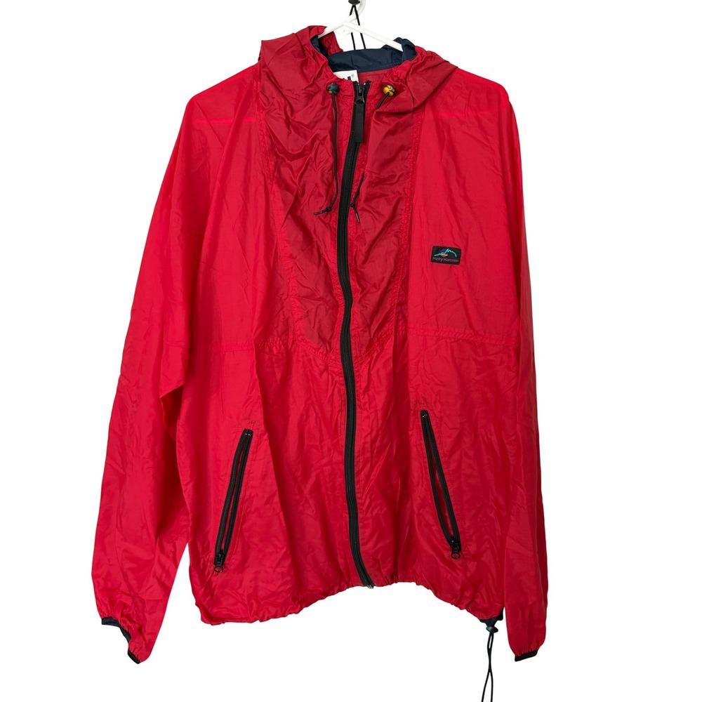 Helly Hansen Mens Red Hooded Full Zip Windbreaker Jacket Size L Packable Nylon